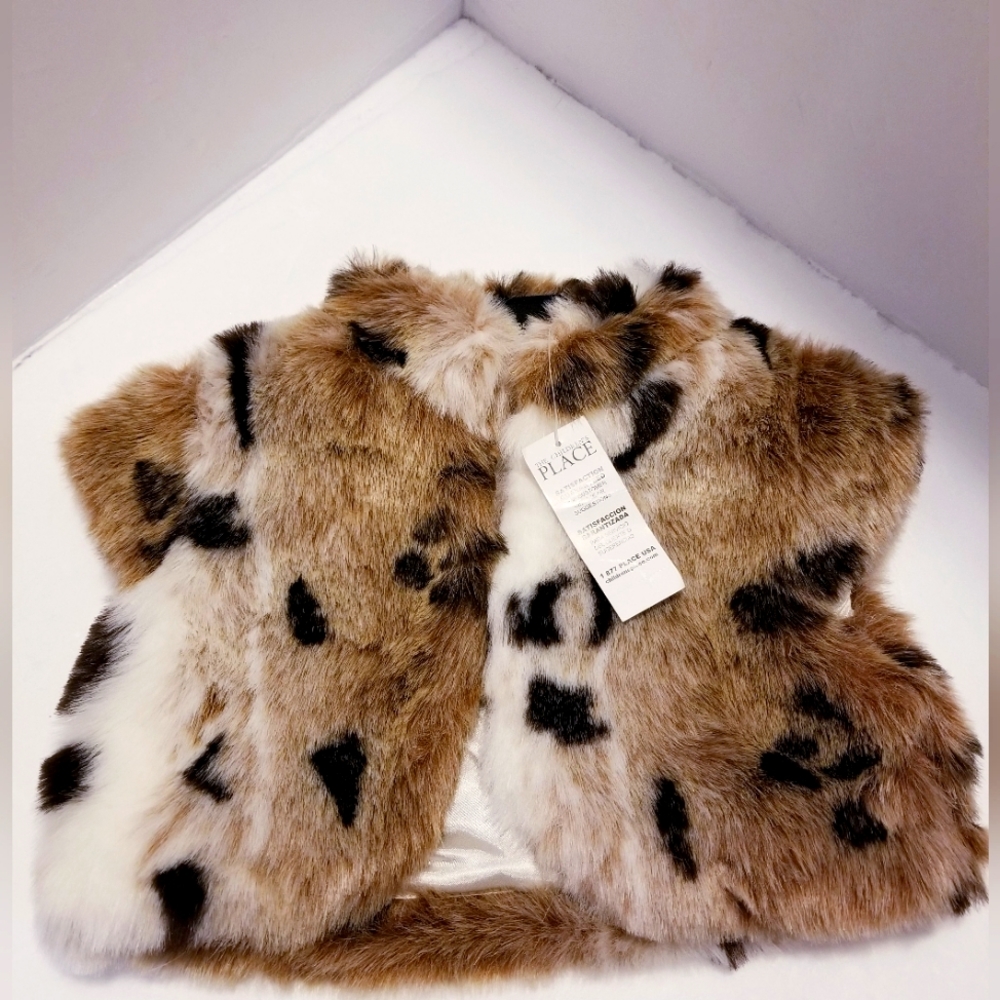The Childrens Place Spotted Faux Fur Cropped Vest Girl Jacket Sz 24 M Brown. NWT